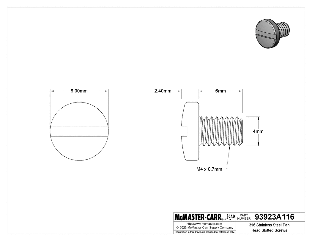 Technical Drawing of 316 Stainless Steel Pan Head Slotted Screws, M4 x 0.70mm Thread, 6mm Length.